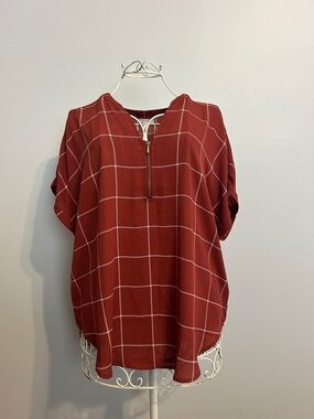 Maurices Brick Red Windowpane Zip Pullover Blouse